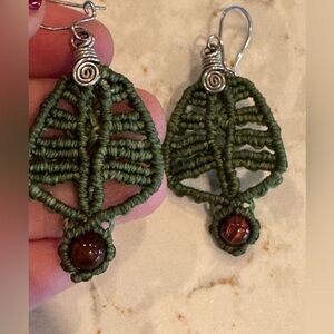 Handmade Green Leaf Macrame Earrings with Brown Beads